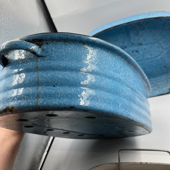 Antique Turquoise Cornflower Blue Large Roaster Rack Enamelware On Steel 4 Piece - Picture 6 of 15
